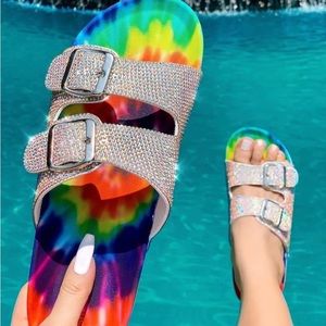 𝅺rainbow tie dye rhinestone sandals